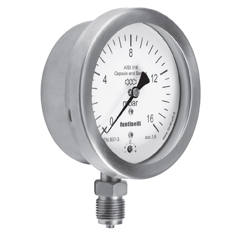 Capsule pressure gauge with bottom connection for direct mounting